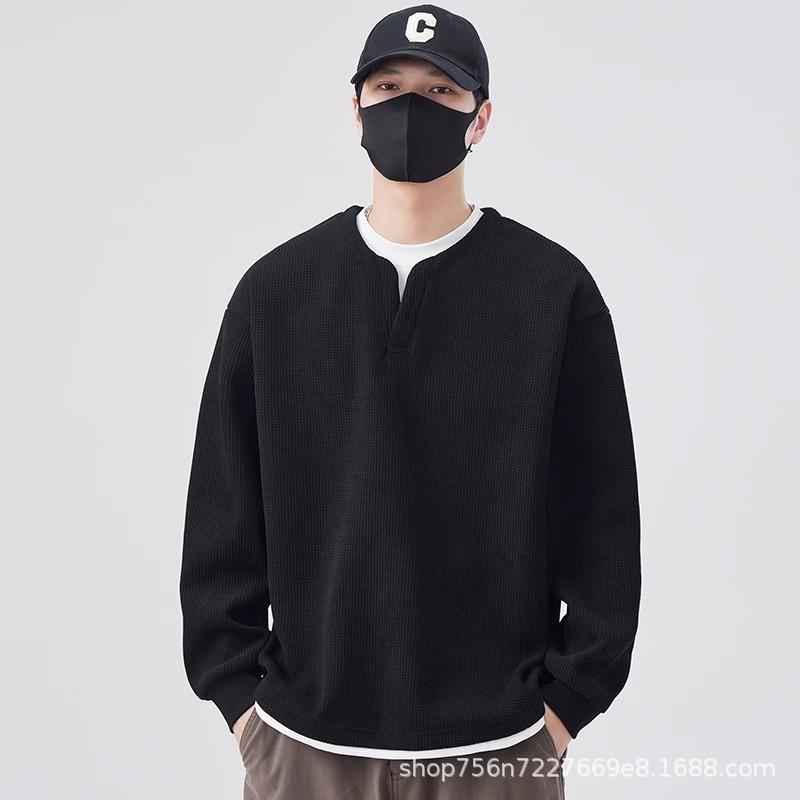 Men S Waffle Fake Two Piece Crew Neck Long Sleeve Sweatshirt