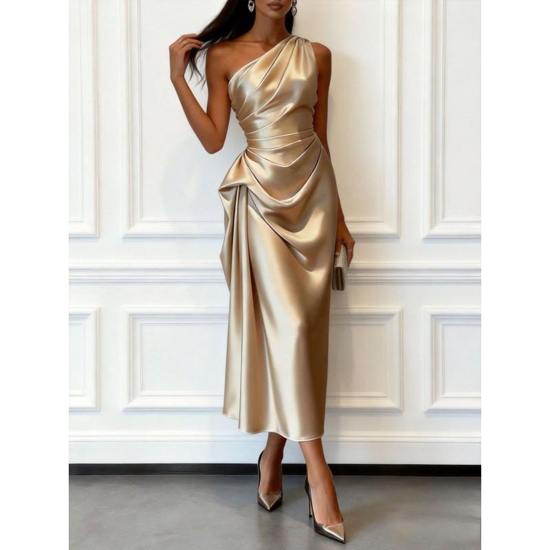 Abito estivo europeo e americano in raso ad alta elasticità senza maniche con spalla obliqua in vita medio-lungo elegante abito da sera