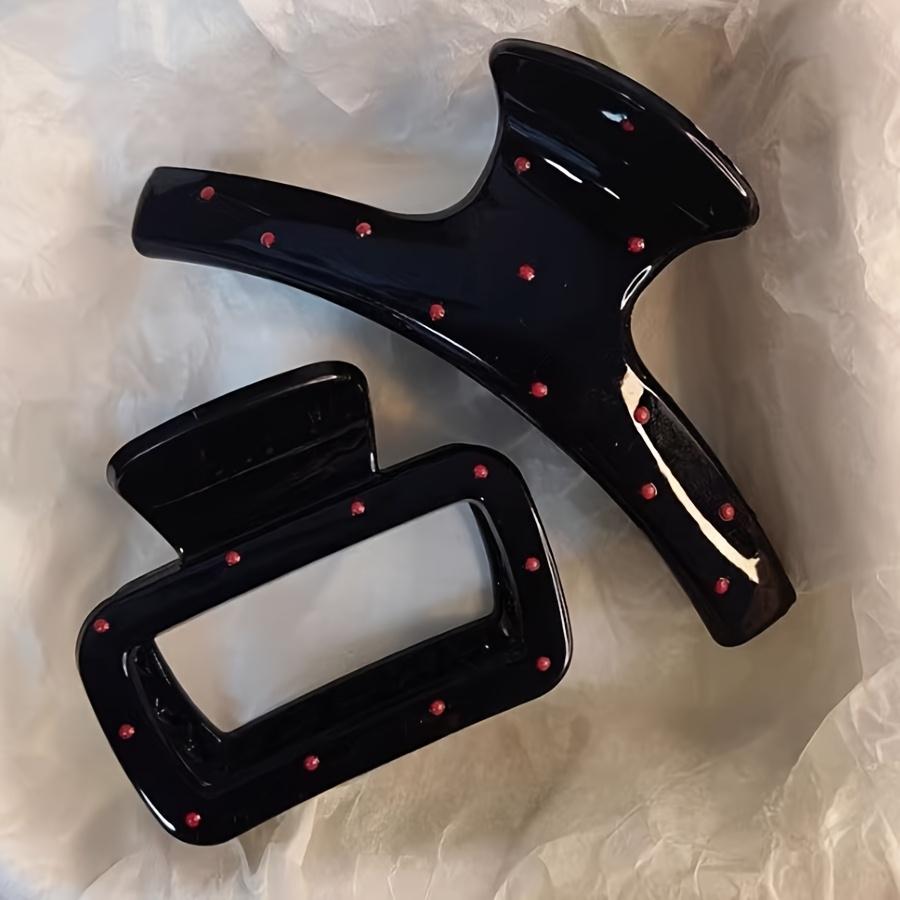 2PCS Glossy Black Red Dot Square Rhinestone Hair Claw Clip, Non-slip Shark Clip For Thick Hair, Elegant Stylish Daily Accessory