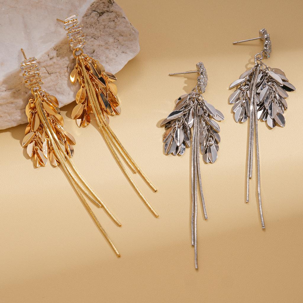 Vintage zircon leaf fringed silver needle earrings niche earrings