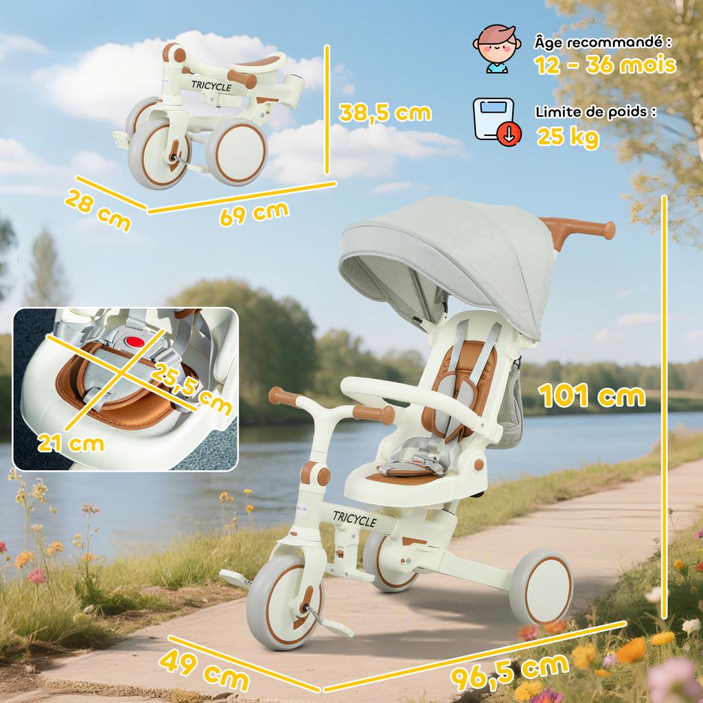 5-in-1 Convertible Baby Tricycle, Adjustable Handle, Removable Canopy, 1-3 Years, Cream