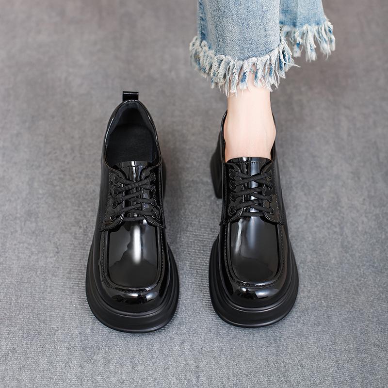 2025 Autumn Women's British Style Patent Leather Platform Loafers with High Heels