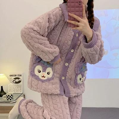 Cartoon Cute Girls Autumn and Winter Coral Velvet Thickened Warm Wearable Home Clothes Pajamas Set