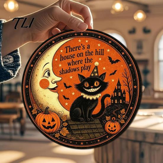Wall Mounted Metal Decor Retro Halloween Sign, Round Decorative Vintage Festive Home Ornament Rustic Art for Living Room Party Decoration Durable Iron