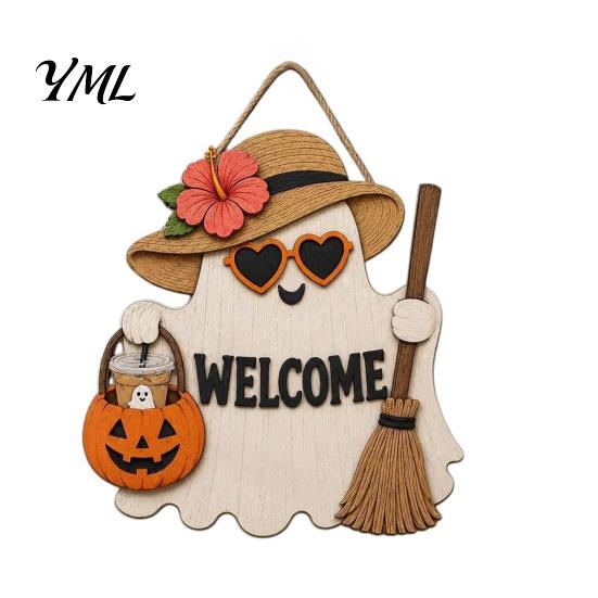 Halloween Party Supplies Ghost Welcome Door Hanger, Cute Wooden Sign with Witch Hat & Pumpkin Wall Elements, Fall Indoor Outdoor Decor for Holiday