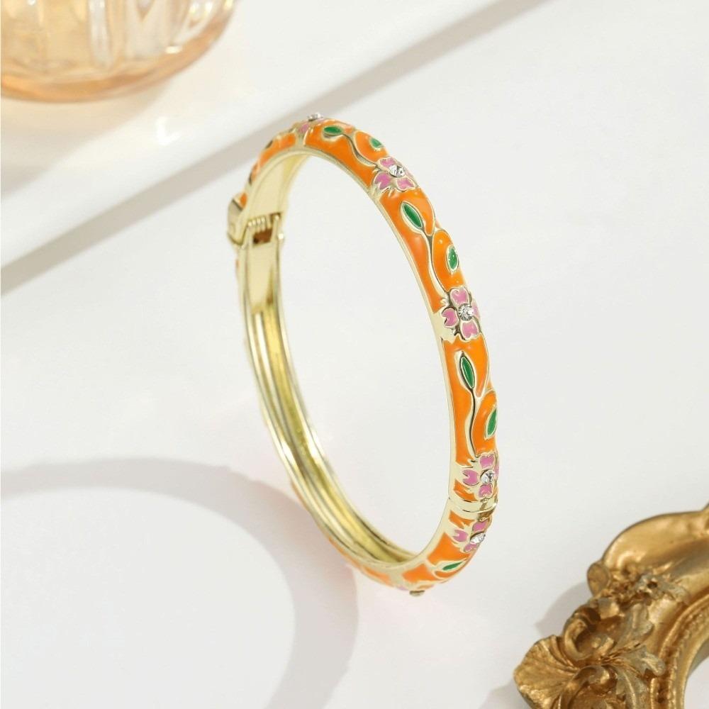 Metal Cloisonne Bracelet Retro Enamel Flower Bangle Closed End Enamel Bracelet Ethnic Style