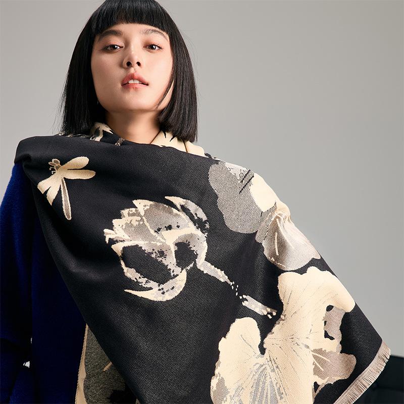 Guochao ink and wash wind contrasting colors double-sided imitation cashmere scarf winter high-end warm shawl