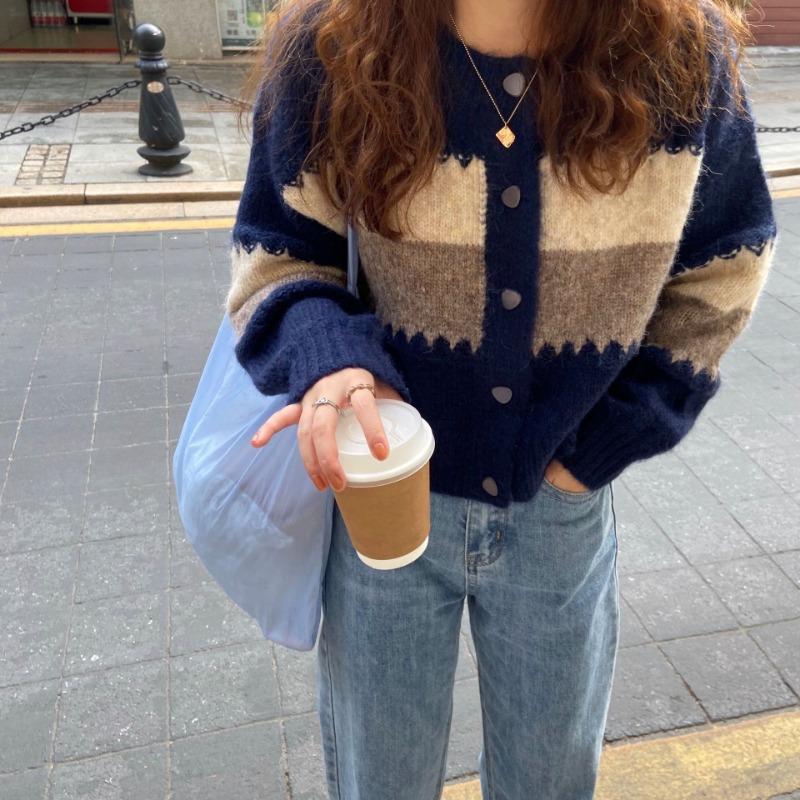 Spring Autumn Winter Korean-Style Knit Cardigan: Women's Fashion Color-Block Striped Short Outer-Wear Sweater