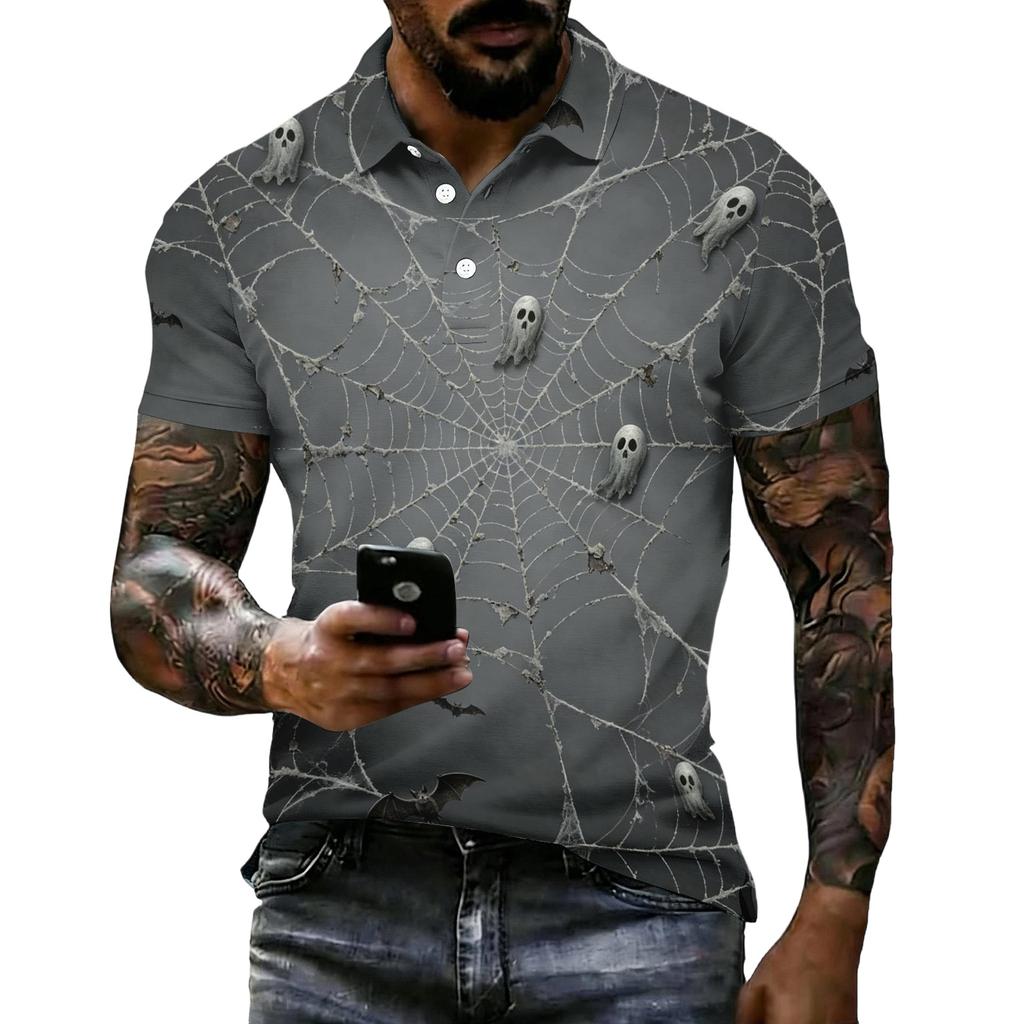 Men's Halloween Print Vintage Texture Short Sleeve Polo Shirt Loose Breathable Summer Sports Street Casual Everyday Top