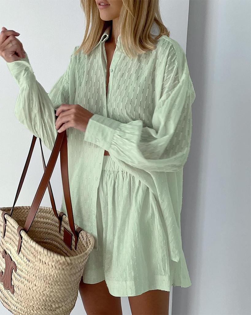 Summer Women's Jacquard Puff Sleeve Cardigan & Shorts Two-Piece Set - 2025