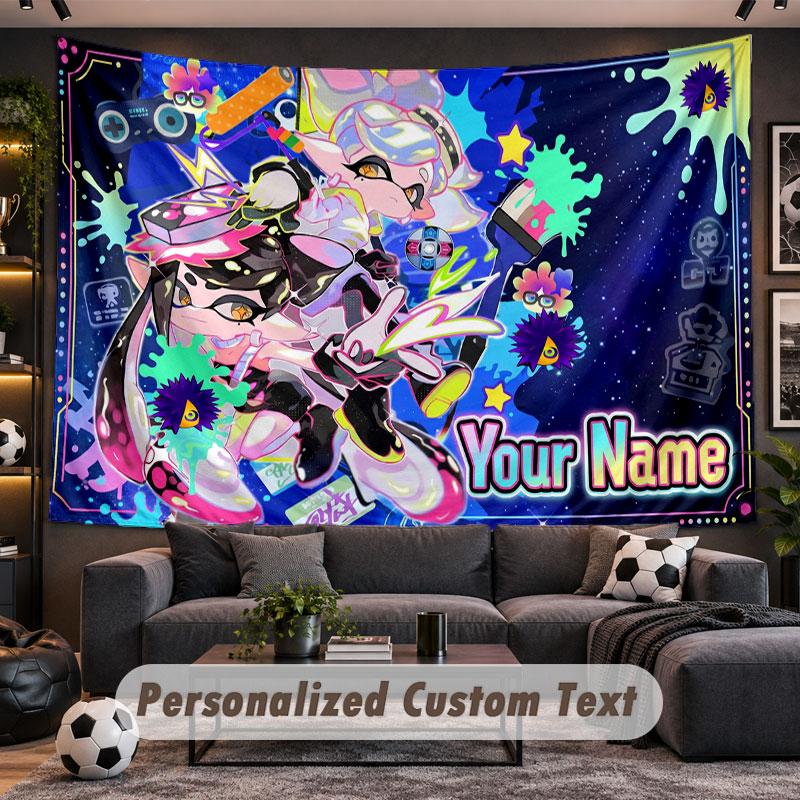 Wall Hanging Tapestry Custom NameSplatoon Pattern Personalized Printed Fabric Wall Decor
