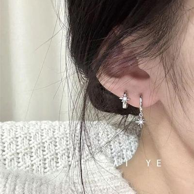 Sun Star Zirconia Asymmetric Double Piercing Hoop Earrings
