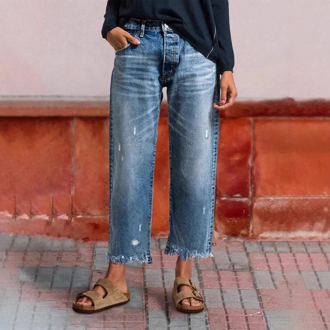

European & American Women s Loose Cropped Denim Pants with Raw Hem & Rips XXL/14
