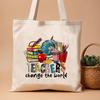 Retro Canvas Tote Bag Inspirational "Teachers Change The World" Large Capacity Handbag for Shopping Travel Women's Shoulder Bag