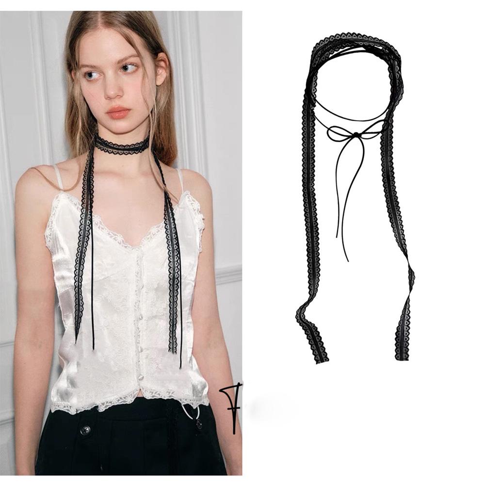 

Black White Lace Necklace Versatile Long Ribbon and String Layered Clavicle Chain Choker for Woman Daily Wear Neck Decor Jewelry чёрный