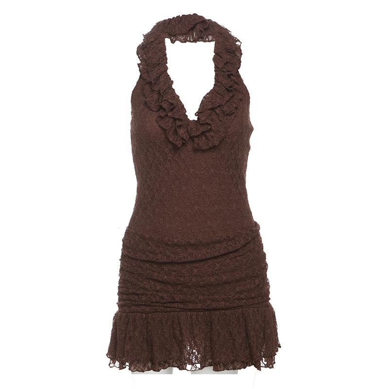 2026 European and American Spring Fashion Trend Women's Clothing New Neck Backless Slim Solid Color Ruffle Edge Dress