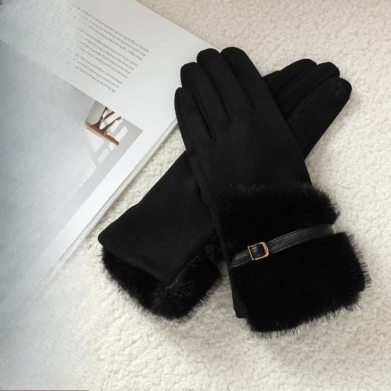

Warm Gloves Women Winter Suede Double Layer Fleece Lined Thick Riding Touchscreen Cold Proof Touch Control Adult One Size