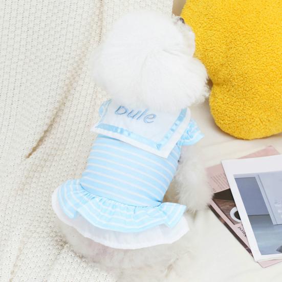 Spring Summer Puppy Dress Hem Striped Layered Pleated Collar Embroidered Print Doll Letters Sweet Contrast Color Dog Costume for