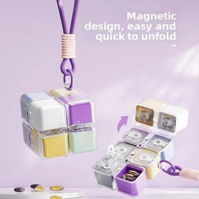Caixa de Pílulas Mais Recente com Cordão 8 Compartimentos Cubo Mágico Magnética Portátil Estojo Dispensador de Remédios para Bolso Viagem Armazenamento de Comprimidos de Vitamina