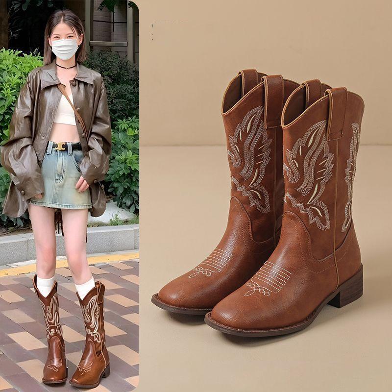 Knight boots long boots retro heightening cowboy boots women's 2025 autumn new French thick heel high tube western Martin boots
