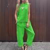 Summer Cotton Linen Two Piece Sleeveless O-Neck Shirts Top&Pockets Pants Outfits