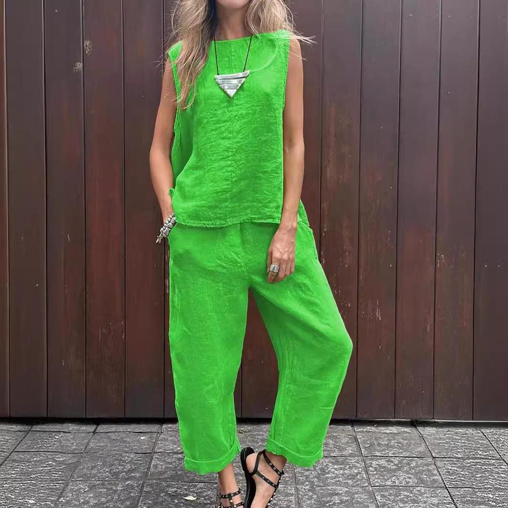 Sommer-Outfits aus Baumwolle und Leinen, zweiteilig, ärmellos, O-Ausschnitt, Hemden, Tops und Hosen