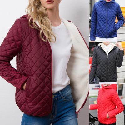 Women Autumn Winter Check Pockets Parka Jacket Plush Liner Hooded Outerwear Coat