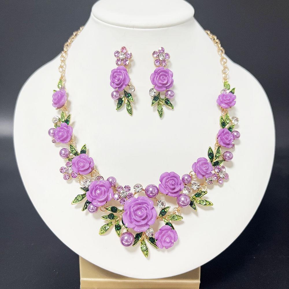 

1 Set Multicolor Flowers Crystal Jewelry Set Enamel Pearl Necklace Earrings Set Exquisite Luxury Bridal Jewelry Set Banquet
