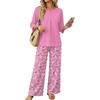 Women's Casual Printed Three-Quarter Sleeve Button Top and Wide Leg Pants 2-Piece Outfit Set