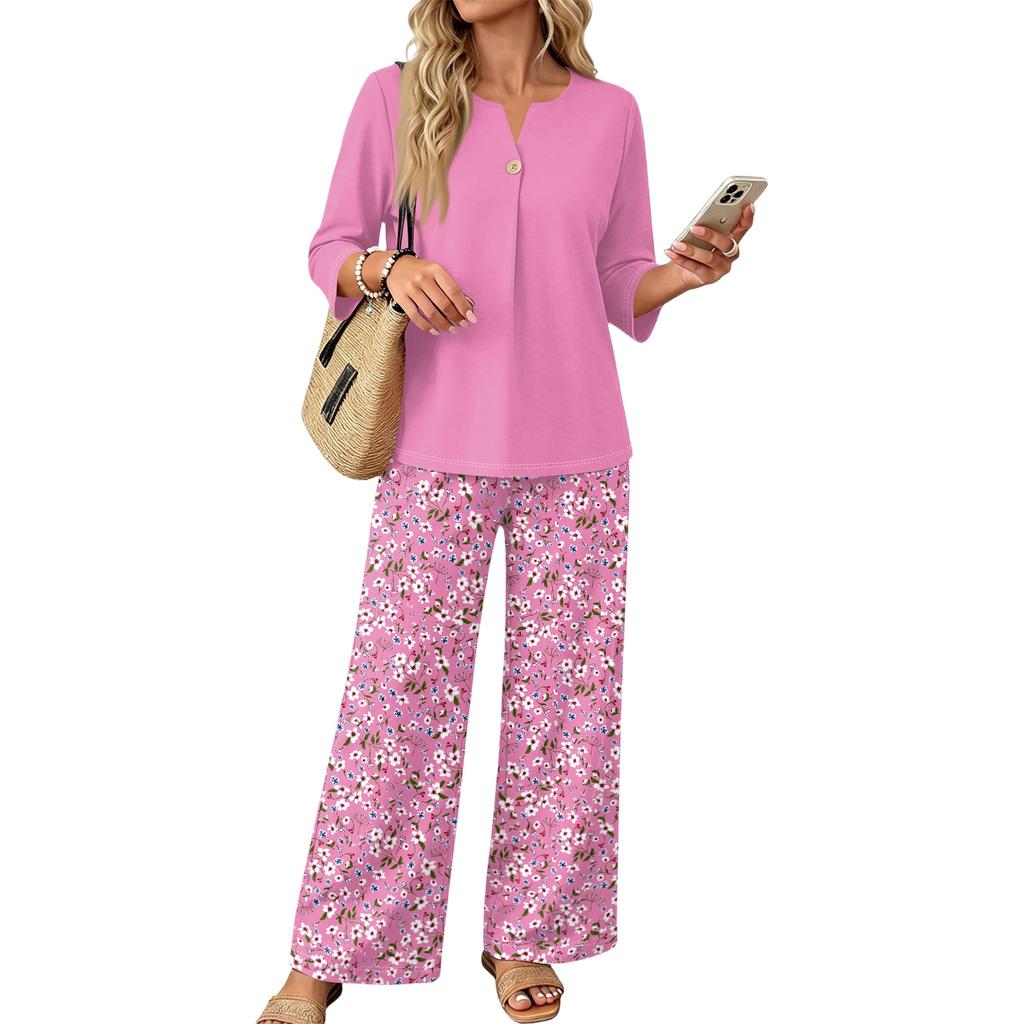 Women's Casual Printed Three-Quarter Sleeve Button Top and Wide Leg Pants 2-Piece Outfit Set