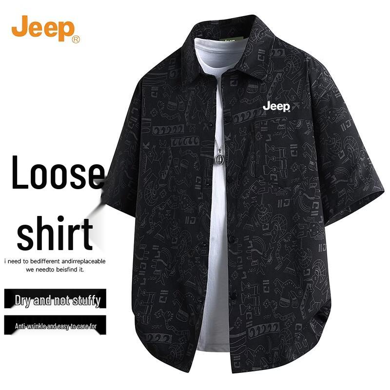 Jeep Men s Graffiti Lapel Short Sleeve Casual Shirt XL чёрный