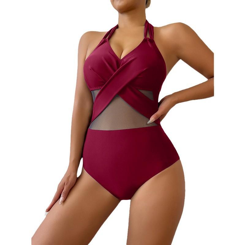 2025 European & American Solid Color Mesh One-Piece Conservative Bikini for Women
