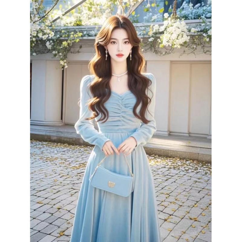 Elegant Blue Velvet Midi Dress Women 2025 A-Line Long Sleeve Square Neck Chic Sophisticated Fit Small