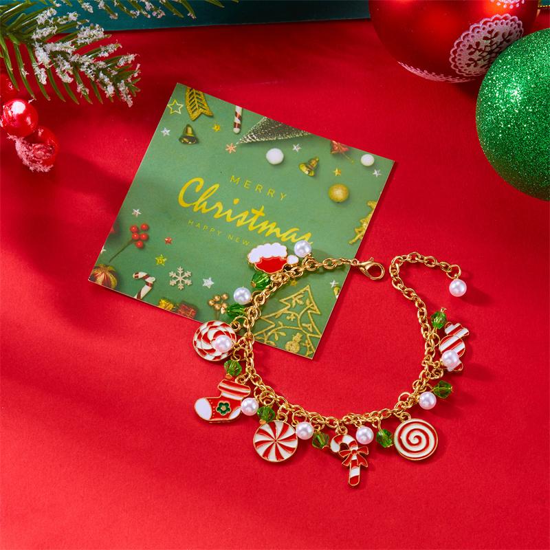 Creative Christmas Elk Bell Zircon Bracelet for Women Cute Santa Claus Tree Candy Cane Stocking Multi Pendant Chain Zircon Gift
