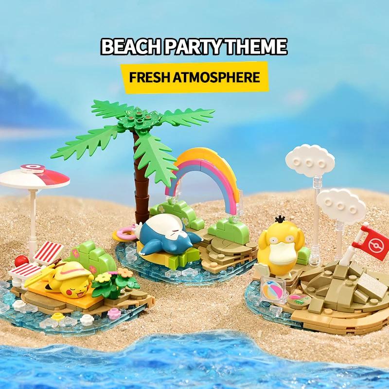 Pokemon Building Blocks Pikachu Psyduck Seaside Party Theme Scene Model Bricks Desktop Ornaments Collection Display Kids Toys