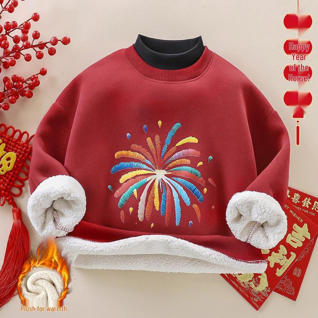 Red Year of the Horse Kids' Sweatshirt - Round Neck, Festive Autumn/Winter Top for Boys & Girls