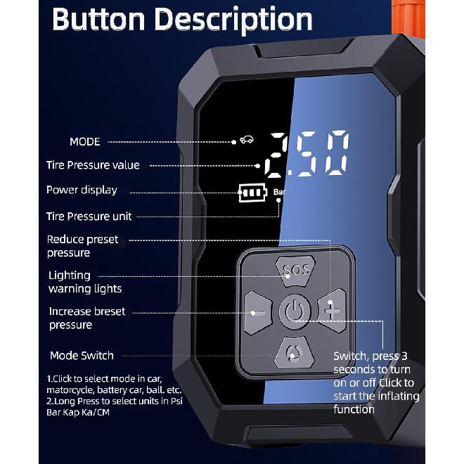 Tire Inflator Portable Air Compressor For Car, Ball Basketball Pump For Sports Balls Auto For Car Tires Bicycle W Gauge Values Display, 150PSI Power