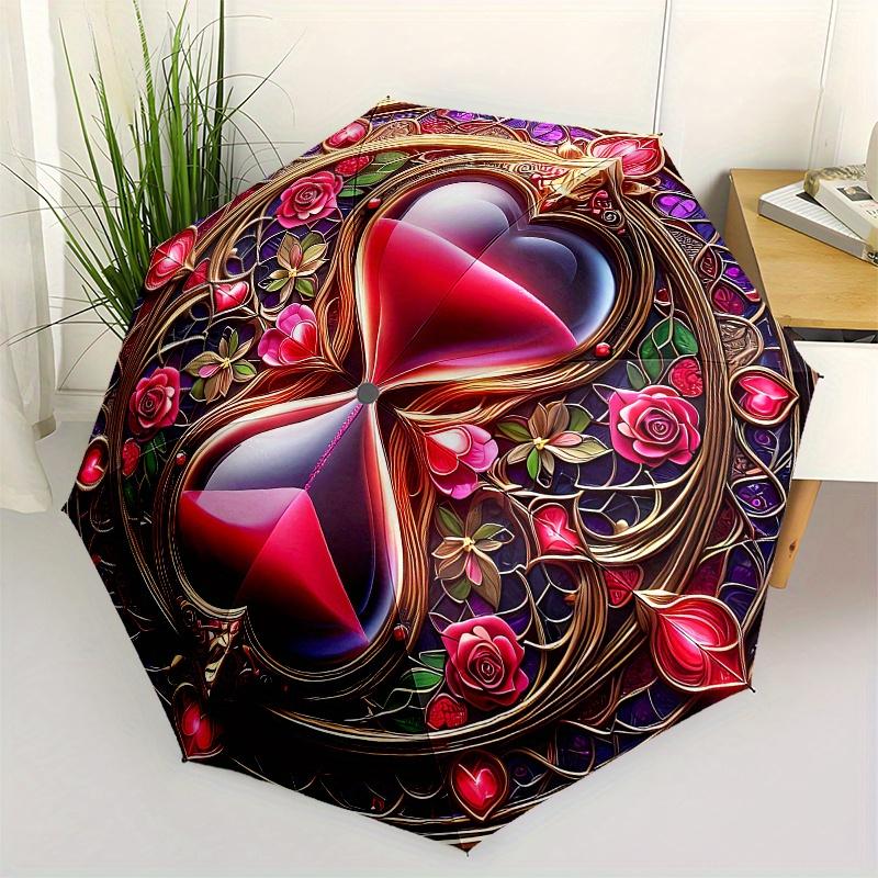 

Love in Bloom: Heart-Shaped Hourglass Ornament Umbrella, Cute Umbrella with Cute Design, Portable 3-Fold Compact Umbrella for Men & Women, Valentine s