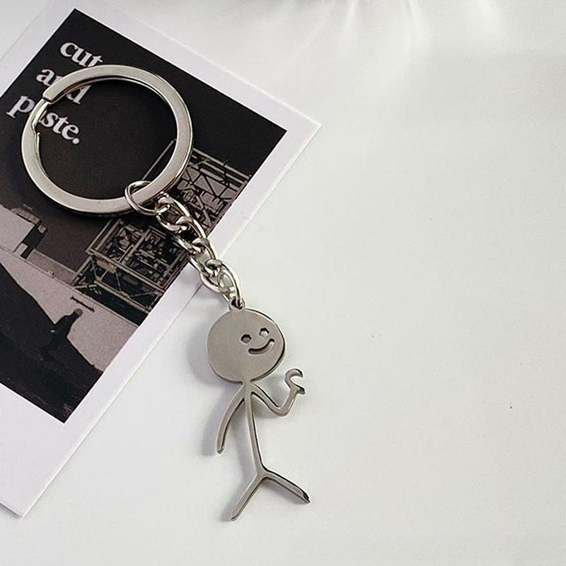 Stickman Comparing Heart With Middle Finger Keychain Zinc Alloy Key Ring Student Bag Car Pendant Gift For Family Friends