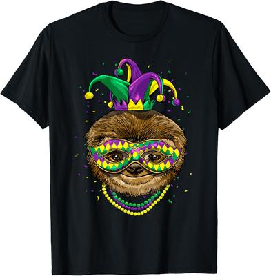 Faultier Mardi Gras Maske Perlen Grafik T-Shirt Lässige Baumwoll-Oberteile für Herren