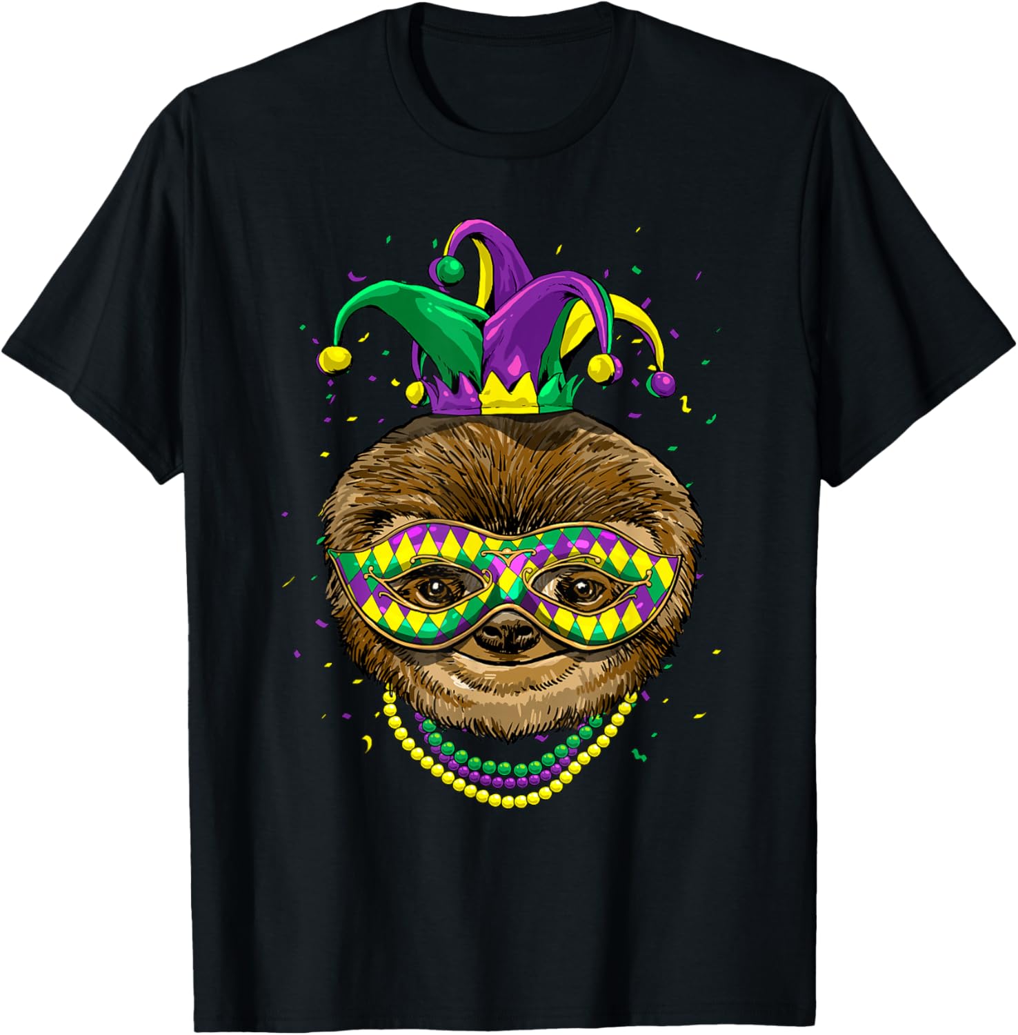 

Sloth Mardi Gras Mask Beads Graphic T-Shirt Casual Cotton Tops for Men 4XL