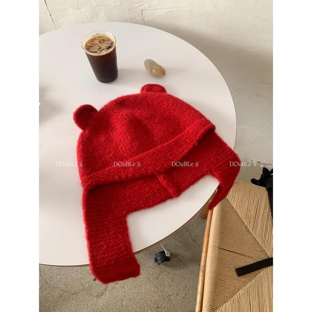 Double i i cute little ears knitted wool hat women's warm ear protection Lei Feng hat shows small face