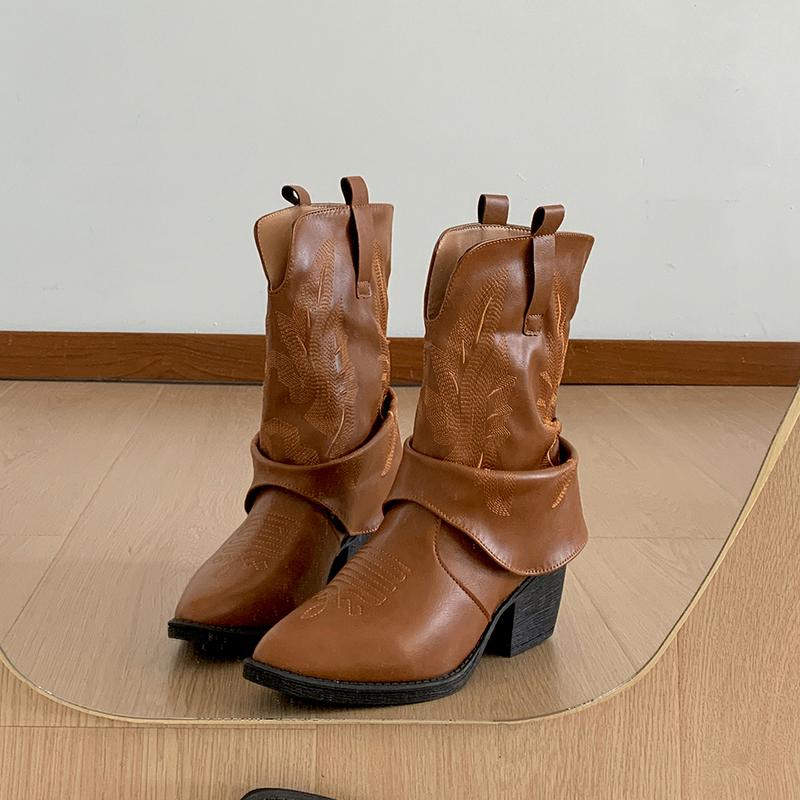 Fashion Vintage Pointed Toe Thick Heel Woman Western Cowgirl Boot Casual Slip On Short Booties Autumn Winter Hottie Shoes