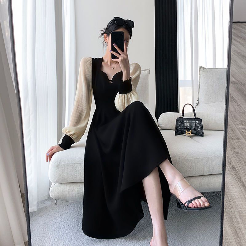 

Large size chic long-sleeved dress for women s spring fat sister, covering her belly and showing thinness, splicing long skirt M recommend 50kg within