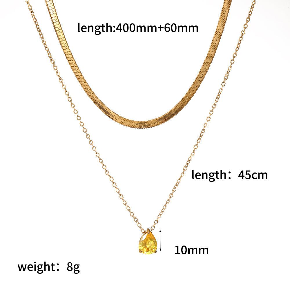 Trendy Fashion Color Zircon 18K Gold Plated Stainless Steel Water Drop Birthstone Pendant Stacked Collarbone Necklace for Women