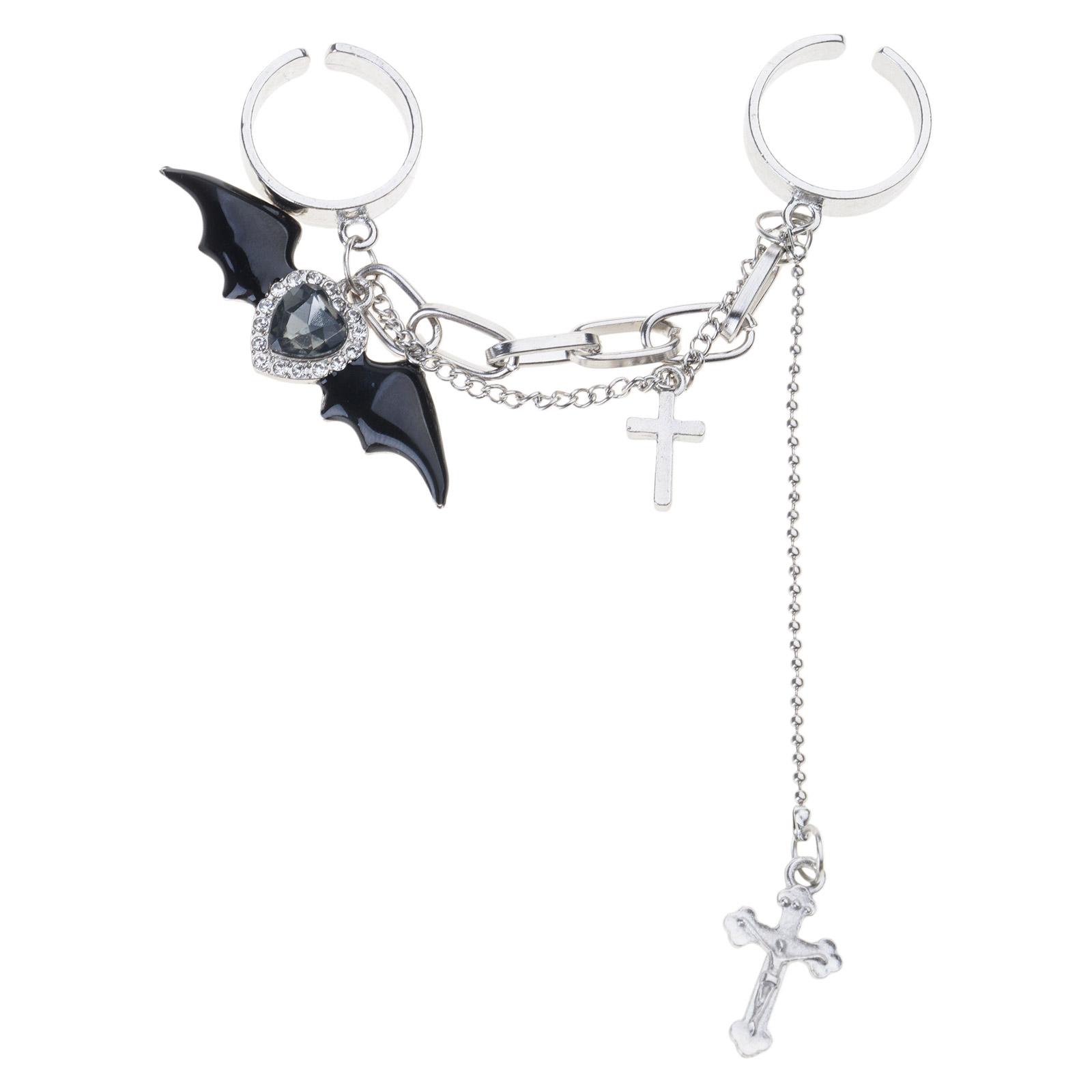 

Punk Halloween Devil Double Finger Rings Women Rhinestones Crossed Chain Rings Halloween New Year Costume Accessories 1