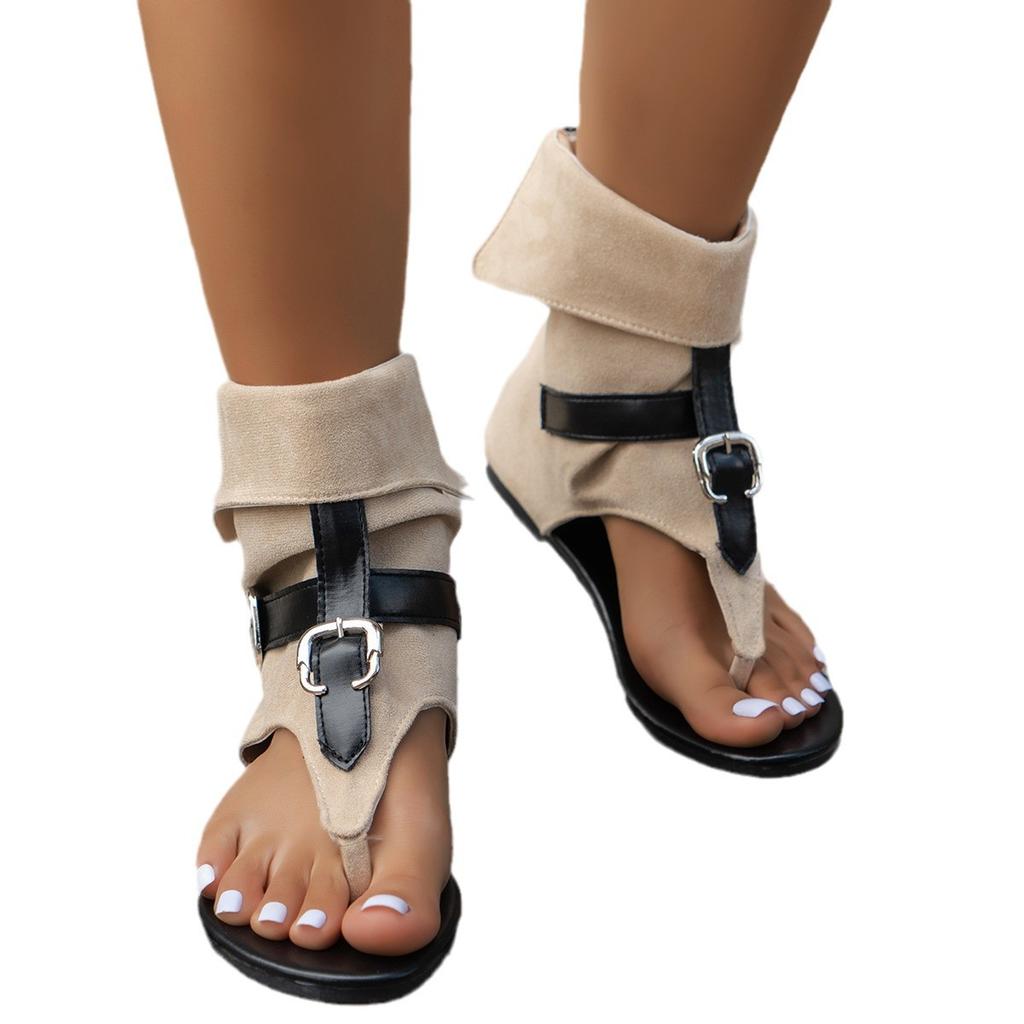 European and American foreign trade toe flat Roman sandals women's denim belt buckle large size 43 low-top herringbone cool boots women