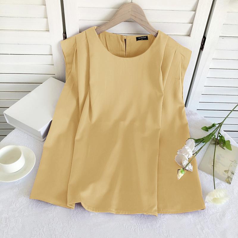 VONDA Women Summer Round Neck Sleeveless Solid Color Vests