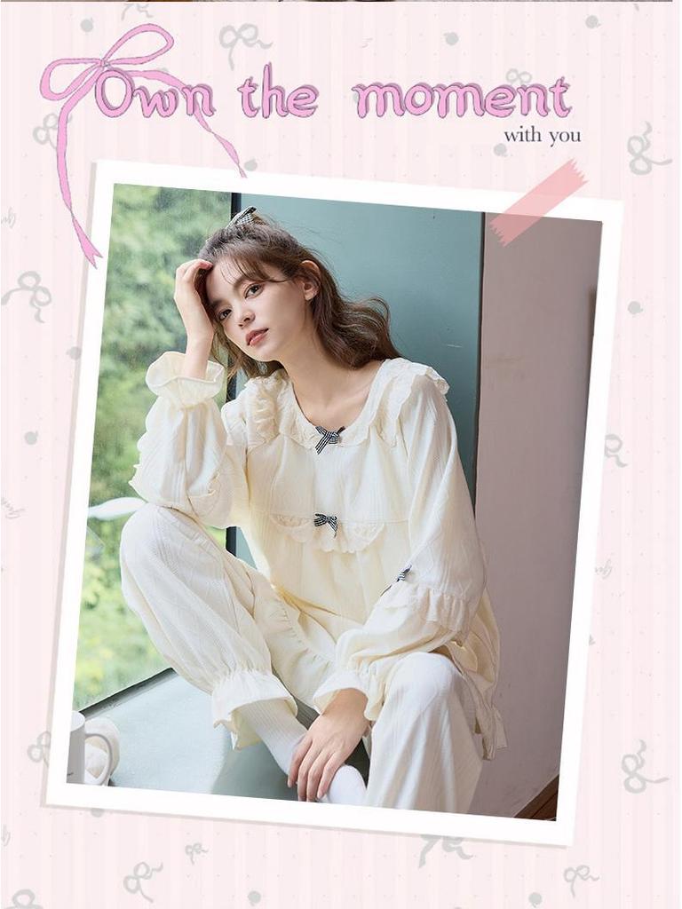 Women's French Court Style Cotton Pajama Set with Chest Pads - Long Sleeve, Long Pants for Spring & Autumn.