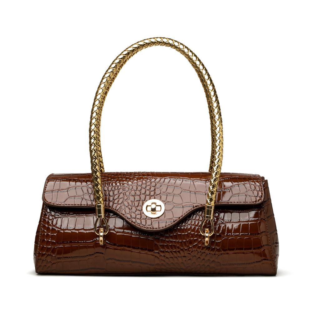Women's Crocodile Pattern Handbag: Elegant PU Leather Top-Handle Satchel with Gold Chain Straps, Retro Shoulder Bag for Work & Commute